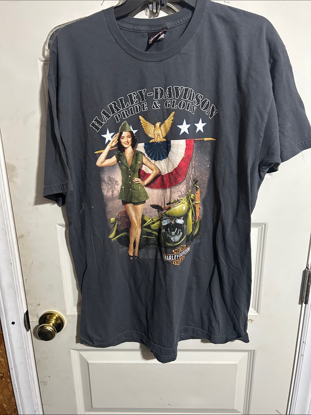Harley-Davidson Charcoal Graphic Tee with Olive Pin-Up & Yellow Bike OLIMB